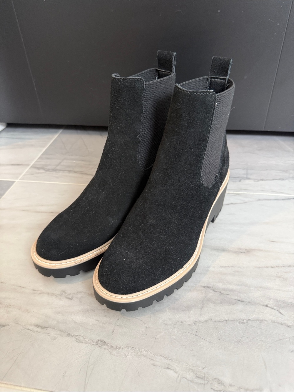 Dolce Vita Black Suede Chelsea Booties with Lug Sole and Contrast Welt